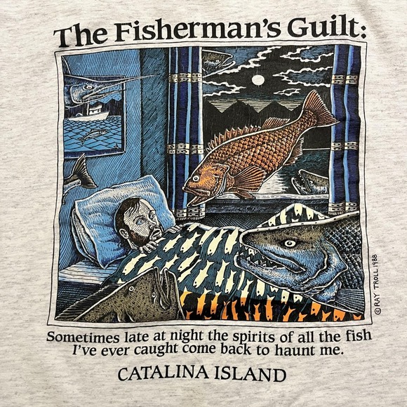 Vintage Fisherman's Guilt Shirt Mens 2XL Gray Ray Troll Catalina Island 1988 - Picture 2 of 7